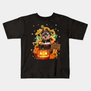 Yorkshier Terrier Halloween Pumpkin Fall Bucket Kids T-Shirt